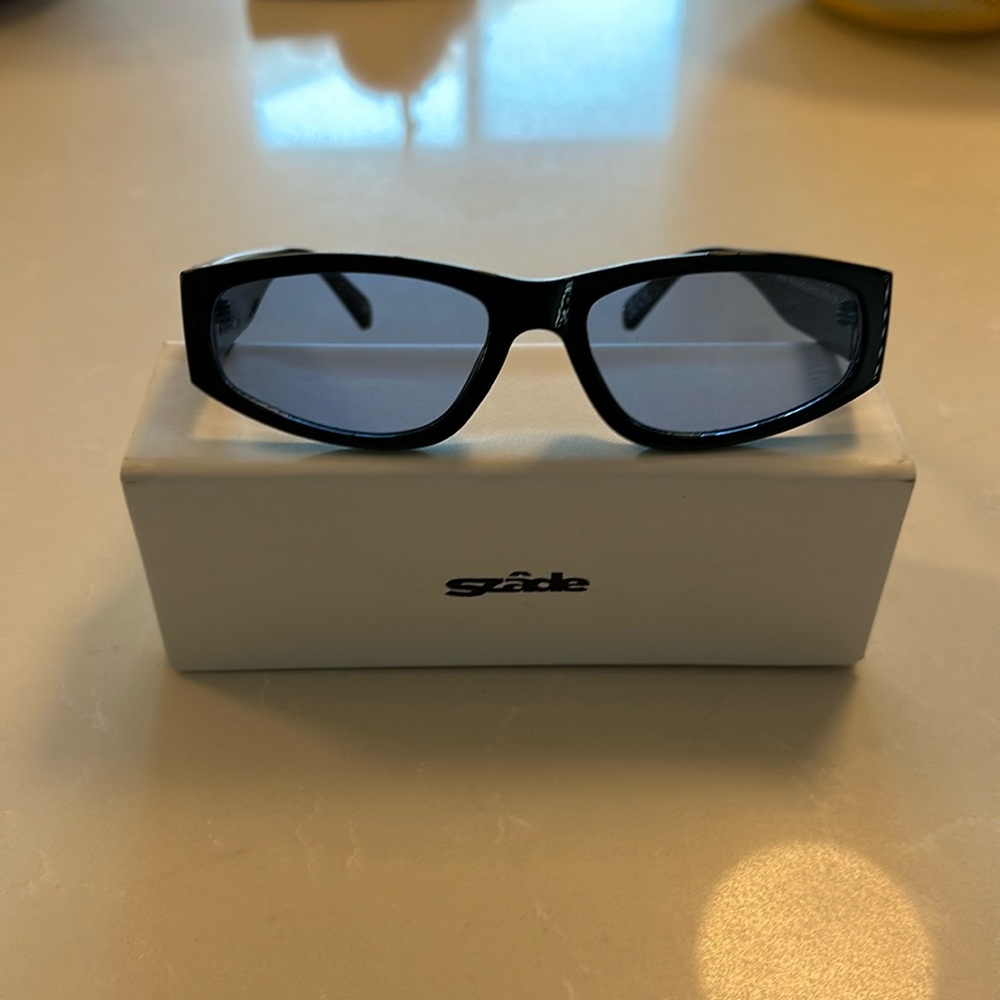 Szade Recycled Eyewear. Melba frame. Black with blue lenses